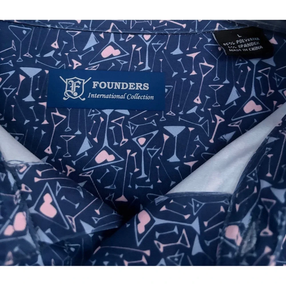 Founders International Collection Mens Large Navy Martini Print Golf Polo Shirt